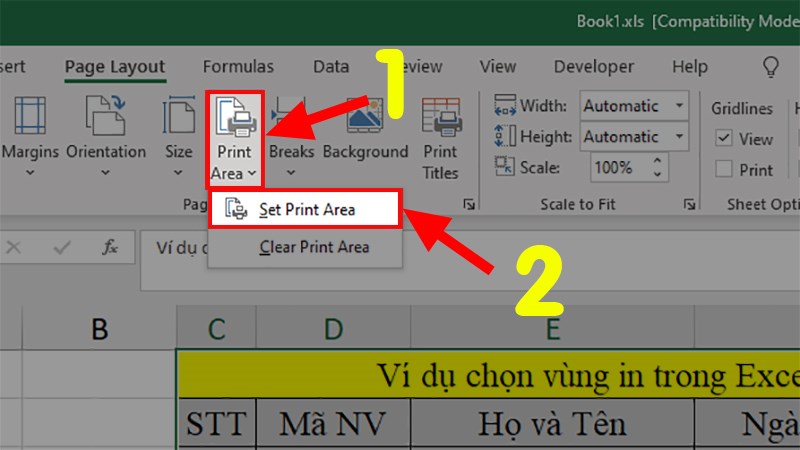 Đi đến Phần Page Setup > Print Area > Chọn Set Print Area để thiết lập khu vực in bạn đã chọn