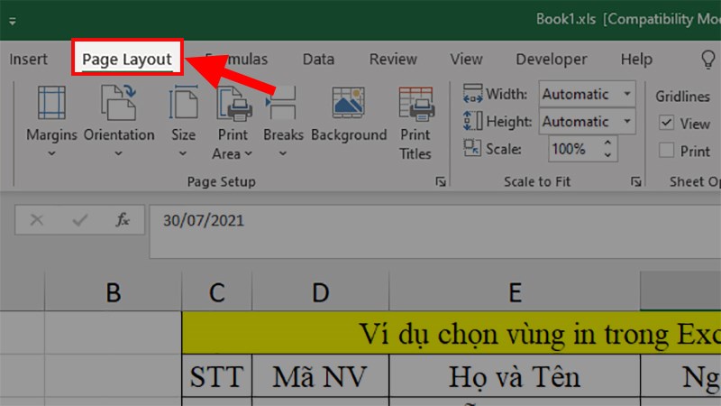 Nhấp vào bất kỳ nơi nào trên bảng tính mà bạn muốn xóa vùng in  Chọn tab Page Layout