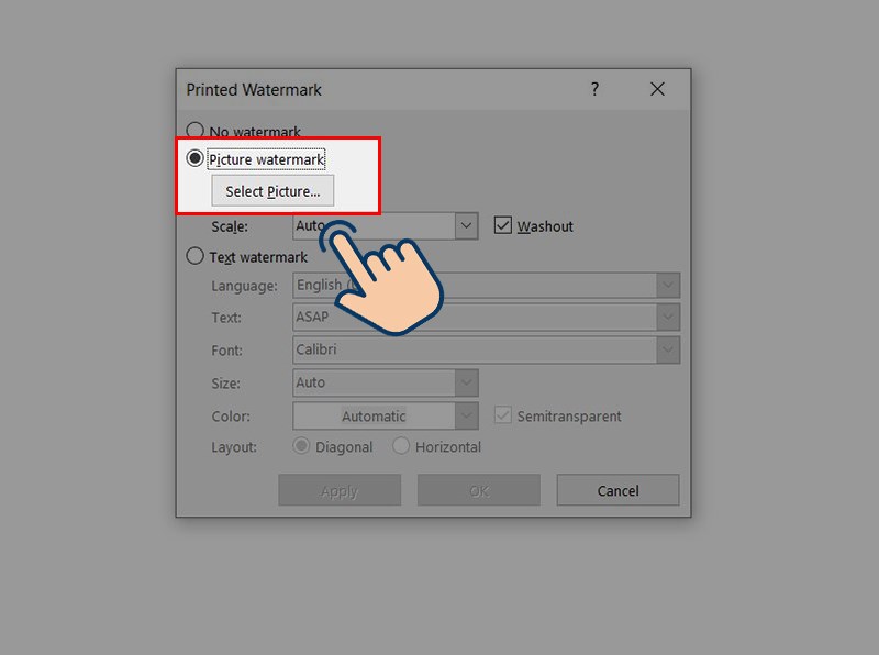 Cửa sổ Printed Watermark các bạn chọn Picture watermark và chọn Select Picture