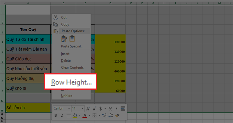 Dùng chuột phải chọn vào vùng bôi đen, chọn Row Height