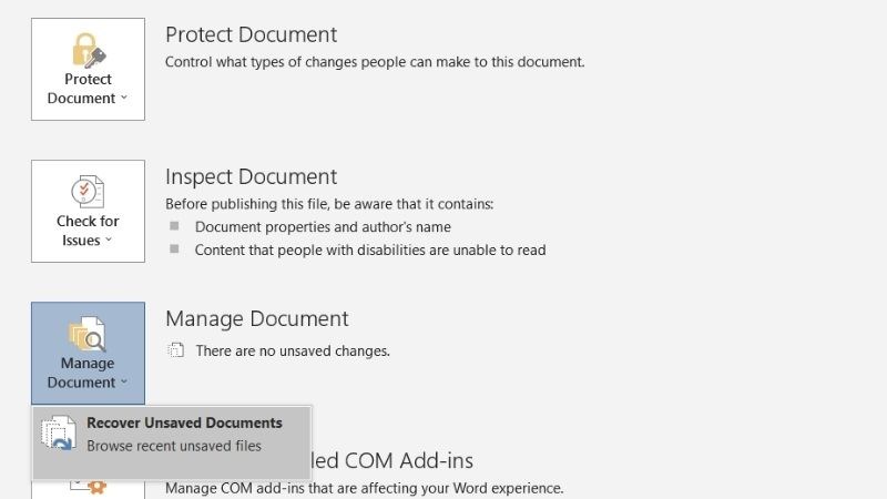 Vào phần Manage Versions, chọn Recover Unsaved Documents