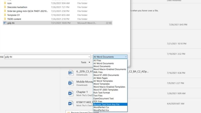Tại mục All Files, nhấn vào mũi tên thả xuống và chọn Recover Text From Any File