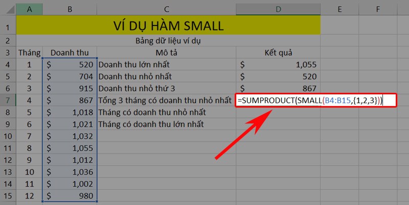 Ví dụ hàm SMALL kết hợp hàm SUMPRODUCT để tính tổng