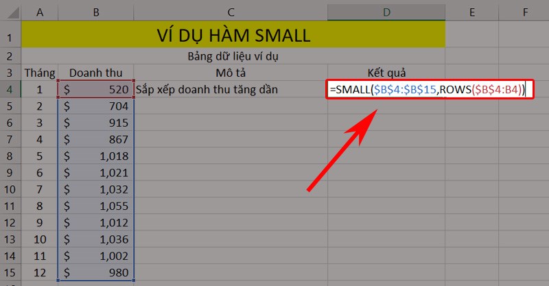 Ví dụ sử dụng hàm SMALL kết hợp hàm ROWS