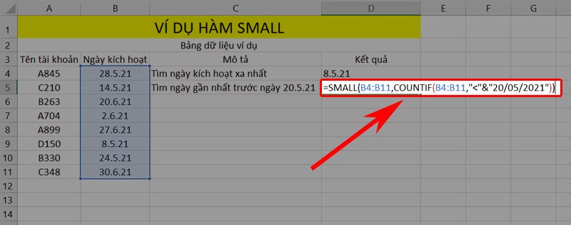 Ví dụ hàm SMALL kết hợp hàm COUNTIF