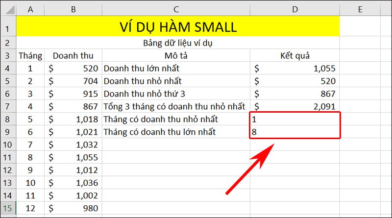 Nhập hàm tương tự với k=12 và nhấn phím Enter để hiển thị các kết quả