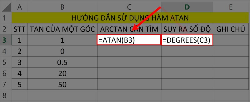 Cách sử dụng hàm ATAN trong Excel