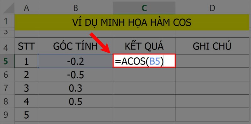 Cách sử dụng hàm ACOS trong Excel
