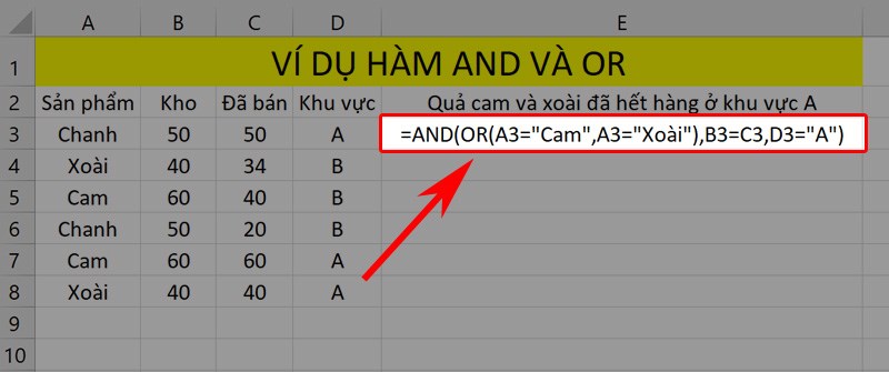 Bài tập hàm AND kết hợp hàm OR để kiểm tra hàng