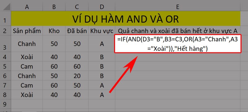 Ví dụ minh họa hàm IF kết hợp hàm AND và OR