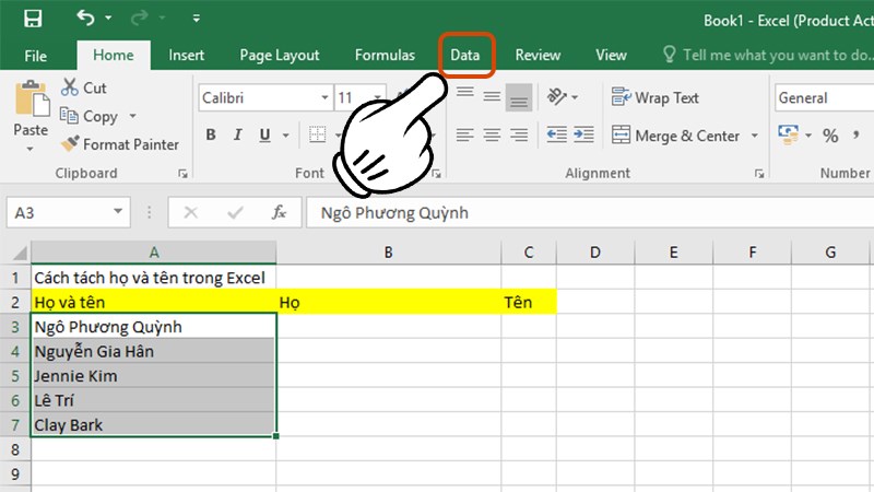 Tô đen Họ và tên sau đó chọn Data