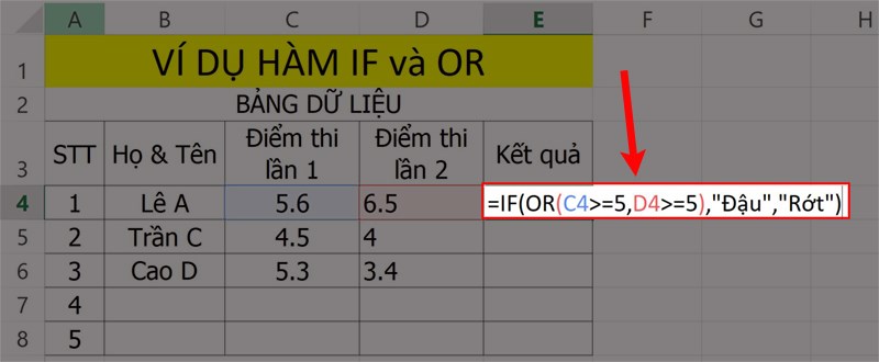 Bài tập hàm IF kết hợp hàm OR để kiểm tra kết quả học sinh