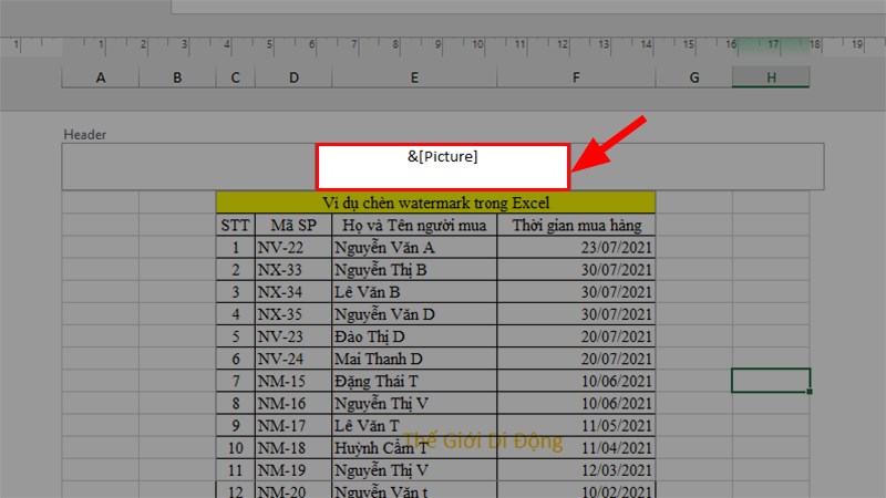 Sau khi chèn xong thì trên phần Header sẽ hiện nội dung &[Picture] như hình bên dưới > Click chuột vào ô bất kỳ trên Excel để hiển thị hình ảnh đã chèn