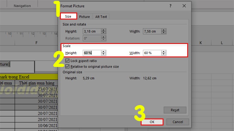 Vẫn ở hộp thoại Format Picture  Chọn tab Size  Đi đến phần Scale  Chọn tăng hoặc giảm chiều rộng (Width) hoặc chiều cao (Height) của hình  Nhấn OK