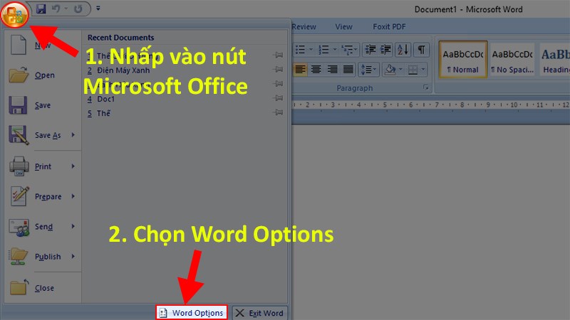 Mở file Word bị lỗi cách chữ  Nhấp vào biểu tượng Microsoft  Chọn Word Options