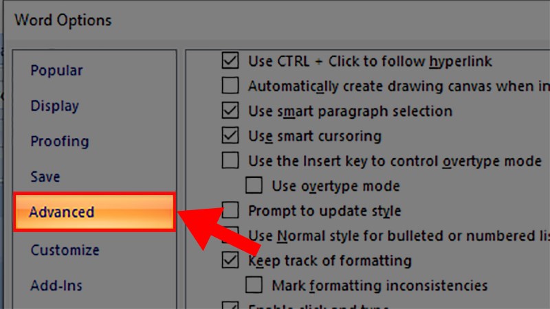 Hộp thoại Word Options hiện lên  Chọn thẻ Advanced