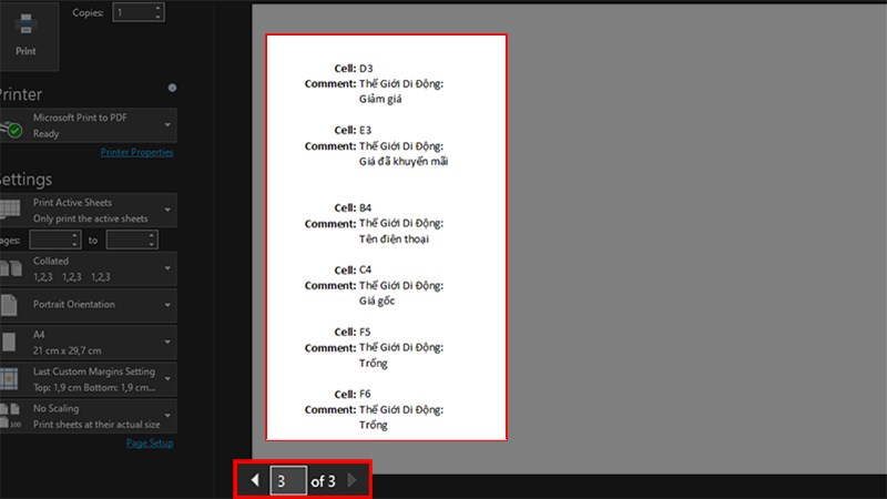 Kết quả sau khi thiết lập in Comment ở cuối trang