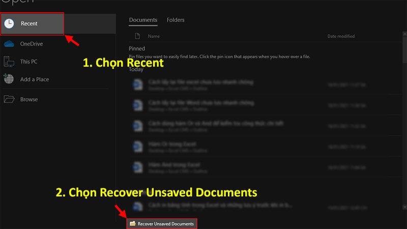 Chọn Recover Unsaved Documents (Khôi phục Tài Liệu chưa lưu)
