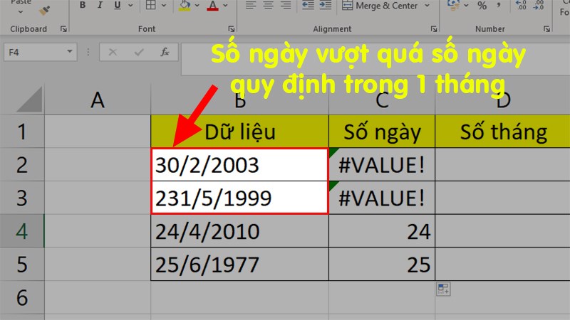 Ô B2 và B3 đã bị sai số ngày trong tháng