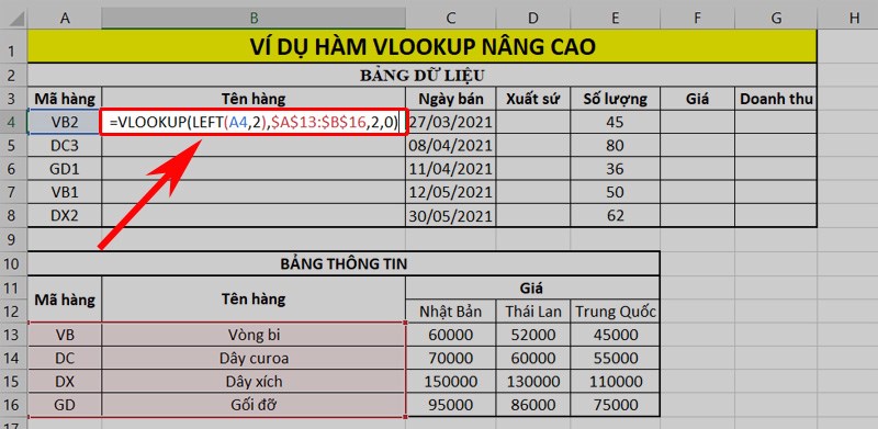 Ví dụ hàm VLOOKUP kết hợp hàm LEFT để dò tìm dữ liệu