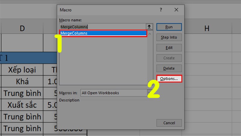 Chọn Marco MergeColumns mà bạn vừa mới tạo  Nhấn vào nút Options…