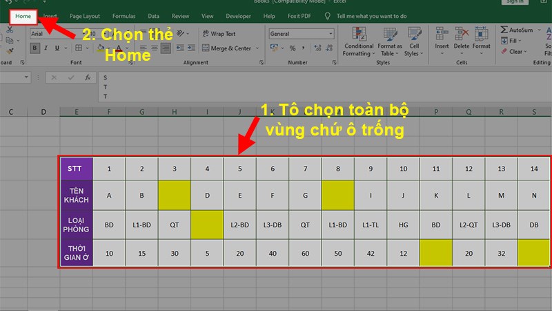 Mở file Excel chứa các ô trống cần xóa Tô chọn vùng dữ liệu hoặc toàn bộ bảng tính chứa ô trống Chọn thẻ Home