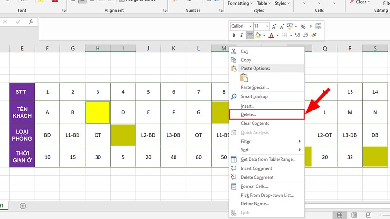 Lúc này các ô trống trong bảng tính sẽ được bôi đen Để xóa nhấn chuột phải Chọn Delete
