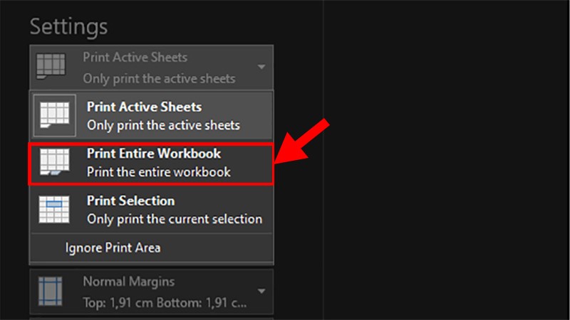 Ở hộp thoại xổ xuống chọn Print Entire Workbook
