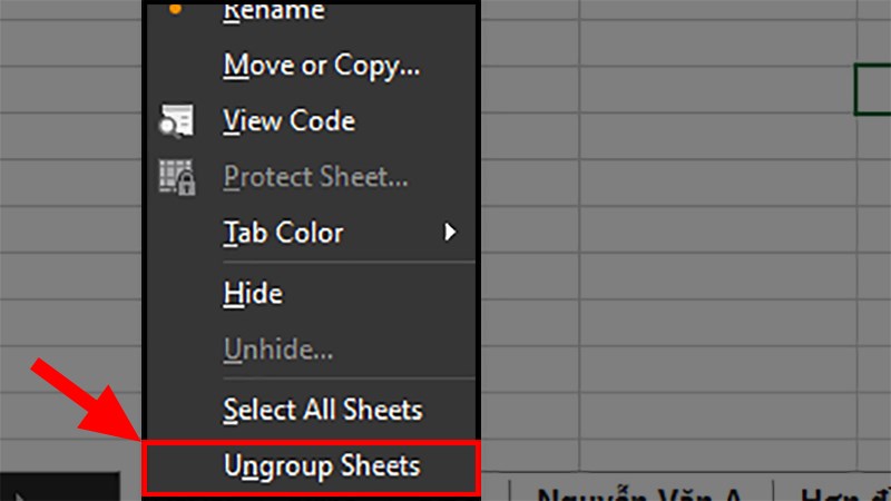 Chọn Ungroup Sheets