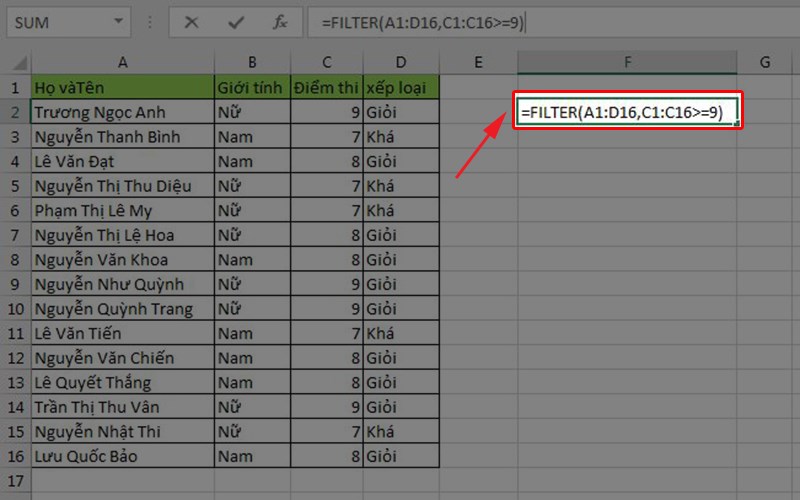 Lọc học sinh có kết quả lớn hơn hoặc bằng 9