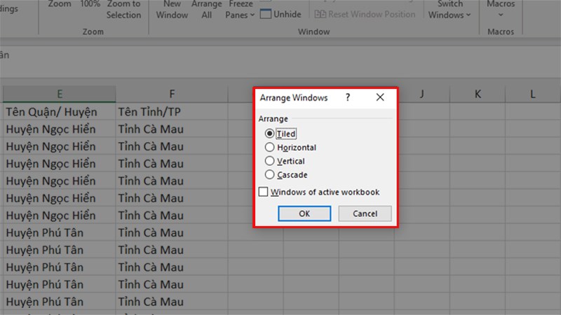Hộp thoại Arrange Windows hiện lên