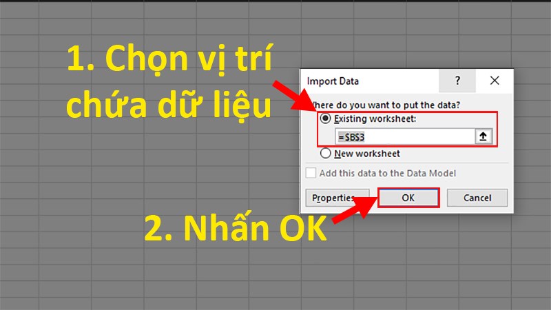 Ở hộp thoại hiện lên chọn ô chứa dữ liệu trong file Excel