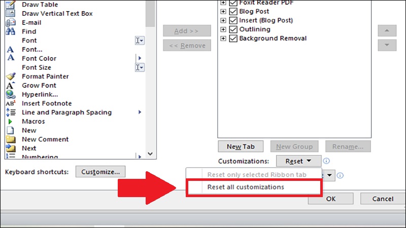 Chọn Reset all customizations