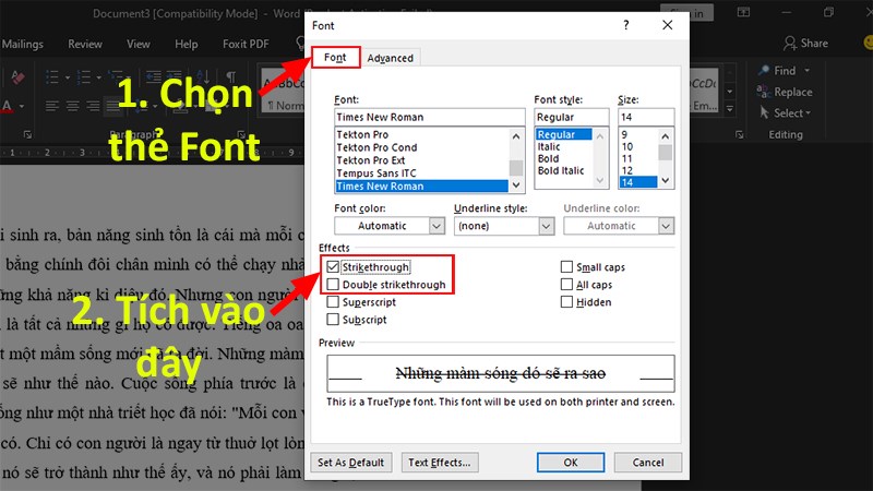 Chọn Strikethrought (gạch 1 đường) hoặc Double Strikethrought (gạch 2 đường)