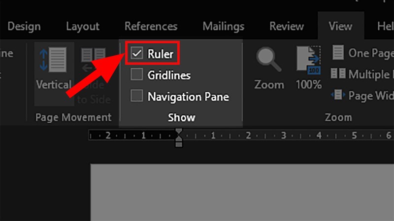 Tích chọn vào Ruler để hiển thị thanh thước kẻ trong Word