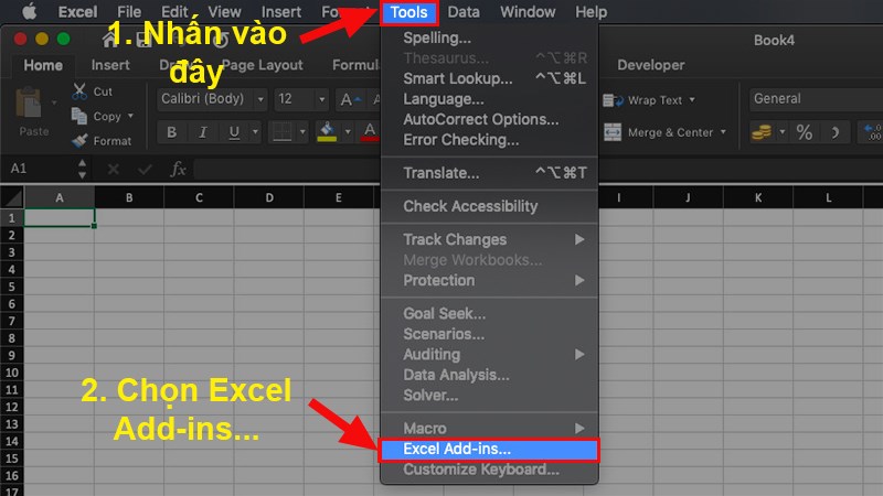 Mở file Excel cần hủy kích hoạt Add-ins tạm thời > Chọn thẻ Tool > Nhấn chọn Excel Add-ins...