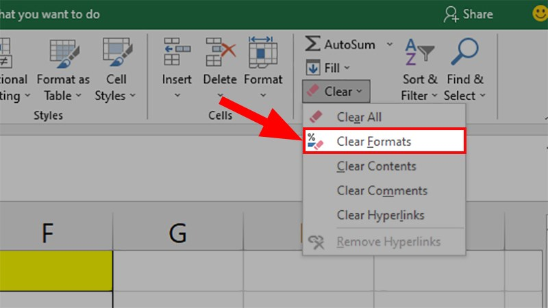 Chọn Clear Format để bỏ đường gạch chéo ô trong Excel