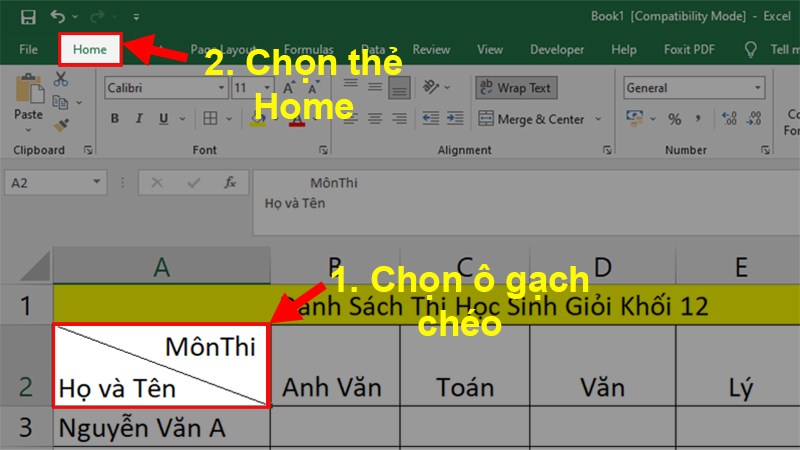 Đi đến ô cần bỏ gạch chéo  Chọn thẻ Home