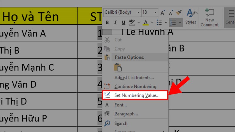 Nhấn chuột trái vào số thứ tự đã đánh ở cột thứ 2 để chọn toàn bộ số thứ tự đó > Nhấn chuột phải > Chọn Set Numbering Value