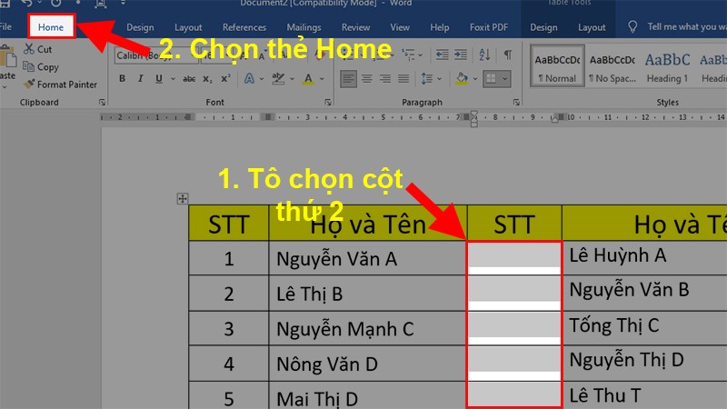 Tô chọn cột thứ 2 cần đánh số thứ tự > Chọn thẻ Home