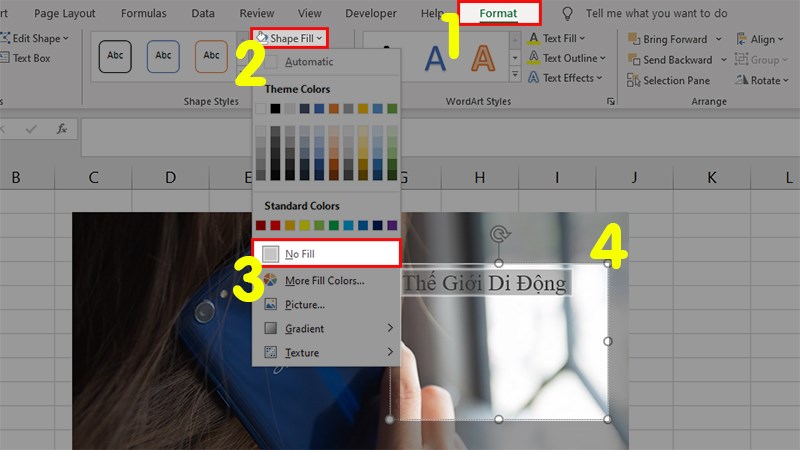 Click vào khung Text box đã chèn  Chọn tab Format  Chọn Shape Fill  Chọn No Fill để bỏ màu của khung và bạn sẽ được 1 khung trong suốt như trong hình