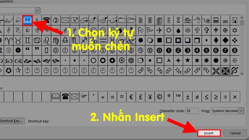 Chọn ký tự > Nhấn Insert để chèn ký tự vào Word