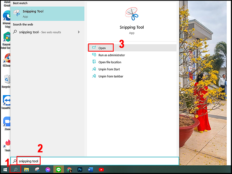 Tìm và mở phần mềm chụp màn hình laptop Snipping Tool
