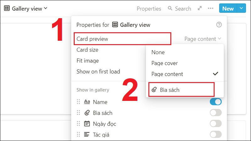 Vào Bìa sách trong Card preview