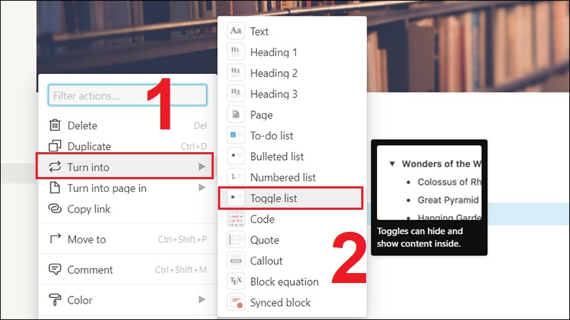 Vào mục Toggle list