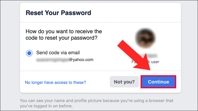 Bạn nhấn Continue để Facebook gửi mã về email/điện thoại
