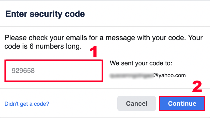 Bạn tiến hành nhập mã code mà Facebook đã gửi về email/điện thoại