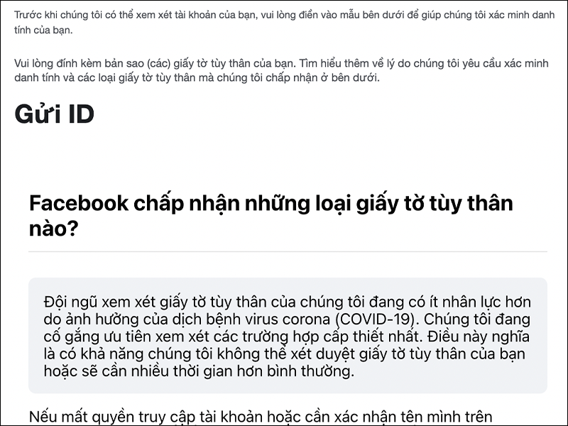 Bạn có thể đọc những điều khoản để Facebook dựa vào để xét duyệt danh tính của mình