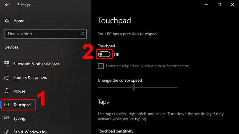 Chọn mục Touchpad và tắt chuột cảm ứng
