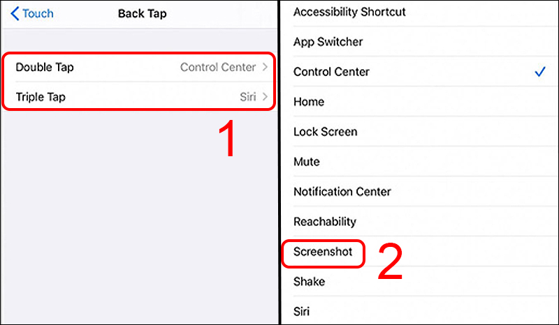 Chọn Screenshot (Chụp màn hình) trong Back Tap (Chạm vào mặt sau)